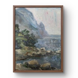 油絵風景画オリジナル、段ボールの油絵、水辺に木が立つ風景画、手作り