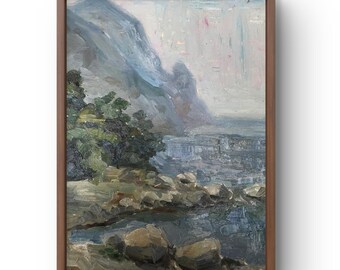 Oil painting landscape original oil painting on canvas summer blue seascape handmade art nature unframed gray cloudy wall art