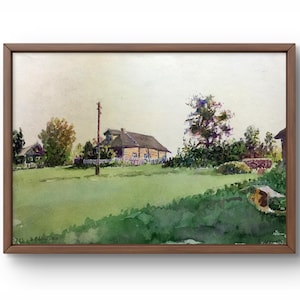 Pintura de acuarela de paisaje original, pintura sobre cartón, paisaje de pueblo, arte hecho a mano, naturaleza, sin marco, paisaje de verano, arte de pared