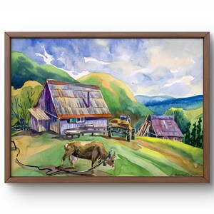 Dipinto ad acquerello paesaggio originale, dipinto su carta, paesaggio di montagna, arte fatta a mano, natura, senza cornice, vita rustica, arte murale