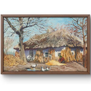Pintura a óleo paisagem original, pintura a óleo sobre papelão, campo rústico com casa tradicional, arte artesanal, emoldurada, arte de parede