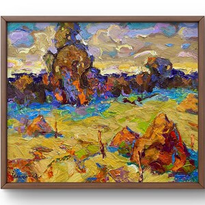 Oil painting landscape original, oil painting on canvas, dynamic abstract countryside with golden fields, handmade art, unframed, wall art