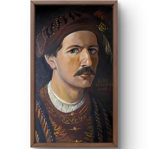 Retrato pintado al óleo original, pintura al óleo, hombre con mirada concentrada, vestido con traje histórico, arte hecho a mano, sin marco, arte de pared