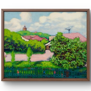 Pintura al óleo paisaje original, pintura al óleo sobre cartón, escena con exuberante vegetación, casa encantadora, arte hecho a mano, enmarcado, arte de pared