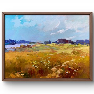 Pintura al óleo paisaje original, pintura sobre cartón, paisaje de campo, arte hecho a mano, naturaleza, sin marco, paisaje de verano, arte de pared
