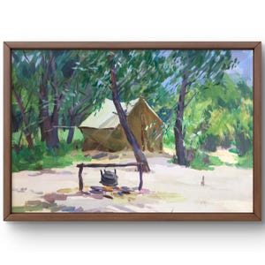 Dipinto a guazzo paesaggio originale, dipinto su carta, paesaggio forestale, arte fatta a mano, natura, senza cornice, paesaggio da campeggio, arte murale