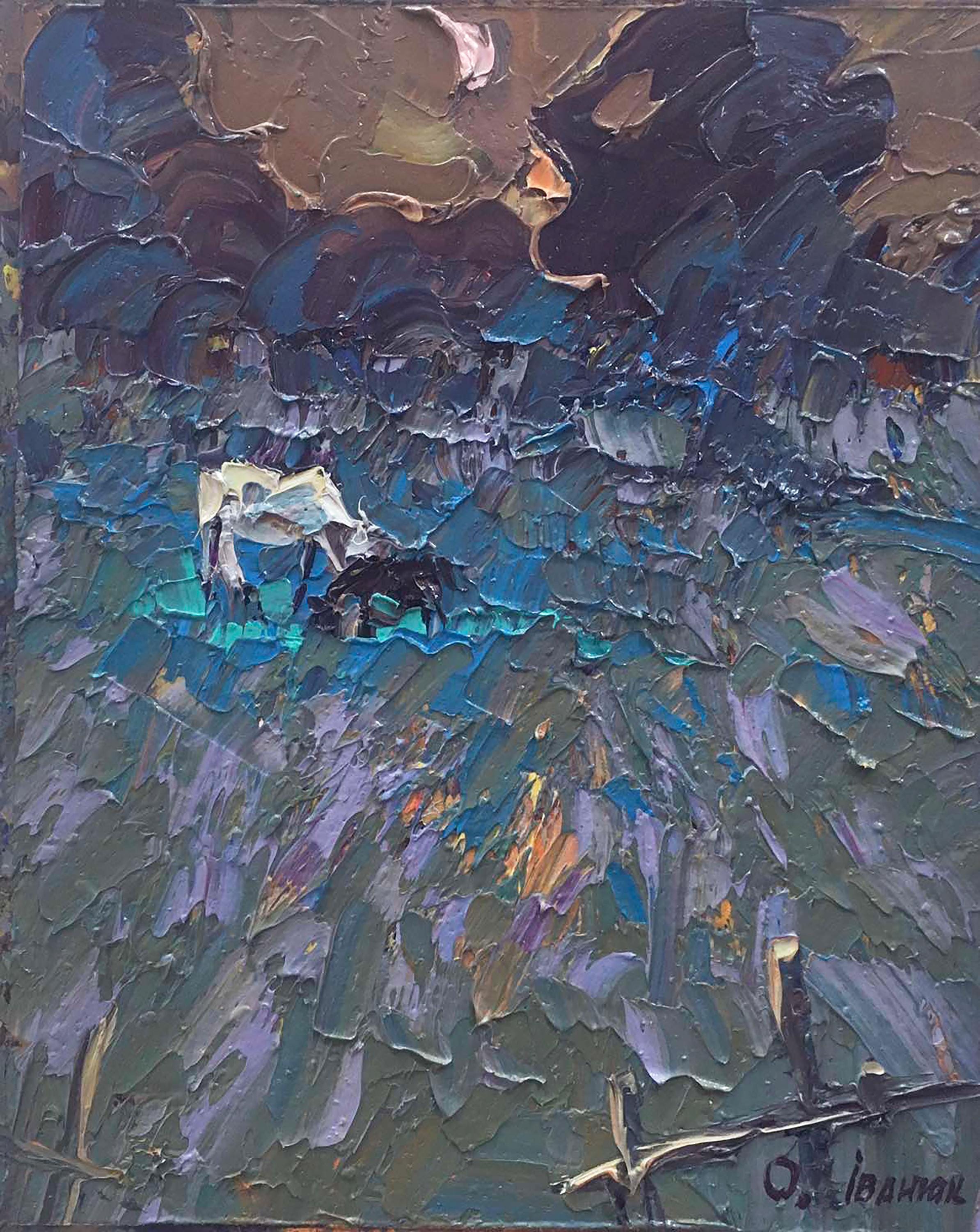 油絵風景画、深い青、紫、茶色のパレットを使用したオリジナルの油絵の