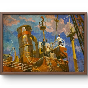 Pintura a óleo realismo social original, pintura a óleo sobre papelão, navio com marinheiros, céu azul, detalhes do navio, arte feita à mão, sem moldura