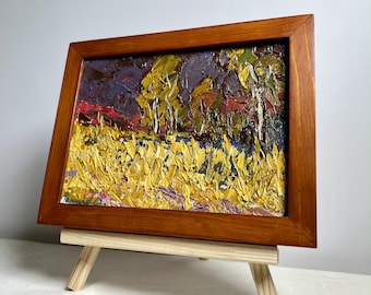 Pintura al óleo de paisaje original, pintura sobre lienzo, paisaje otoñal, arte hecho a mano, naturaleza, sin marco, paisaje nocturno, arte de pared, decoración de pared