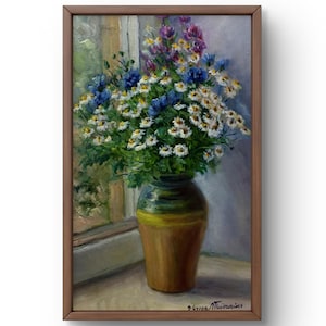 Pintura al óleo naturaleza muerta original, pintura al óleo, ramo brillante de margaritas y flores silvestres en un jarrón rústico, arte hecho a mano, sin marco