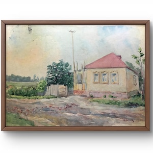 Pintura de acuarela paisaje original, pintura sobre cartón, paisaje de pueblo, arte hecho a mano, naturaleza, sin marco, paisaje de casa, arte de pared
