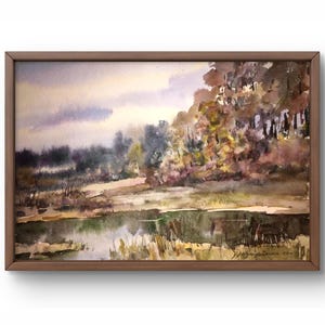 Pintura de acuarela paisaje original, pintura sobre cartón, paisaje forestal, arte hecho a mano, naturaleza, sin marco, paisaje de otoño, arte de pared