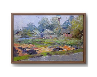 Oil painting landscape original, oil painting on canvas, peaceful village scene with village houses, handmade art, unframed, wall art