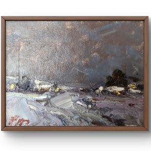 Pintura al óleo paisaje original, pintura sobre cartón, paisaje invernal, arte hecho a mano, naturaleza, sin marco, paisaje de pueblo, arte de pared