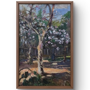 Pintura al óleo paisaje original, pintura al óleo sobre cartón, árboles florecientes en un jardín iluminado por el sol con delicadas flores, arte hecho a mano, enmarcado