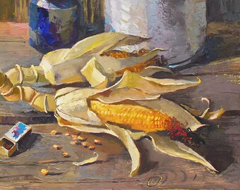 油絵の静物画（オリジナル）、キャンバスに描いた油絵、トウモロコシの