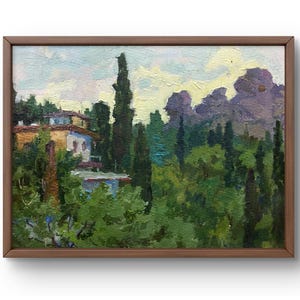 Pintura a óleo paisagem original, pintura a óleo sobre papelão, paisagem mediterrânea com casas entre vegetação e montanhas, arte artesanal
