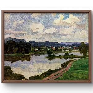 Pintura a óleo paisagem original, pintura a óleo sobre papelão, paisagem com um rio que reflete o céu, arte feita à mão, sem moldura, arte de parede