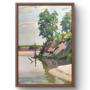 Gouache schilderij landschap origineel, gouache schilderij, rustige kustscène met weelderig groen, handgemaakte kunst, ingelijst, kunst aan de muur