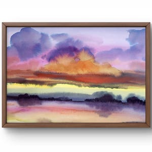 Dipinto ad acquerello paesaggio originale, dipinto su carta, paesaggio fluviale, arte fatta a mano, natura, senza cornice, paesaggio di nuvole, arte murale