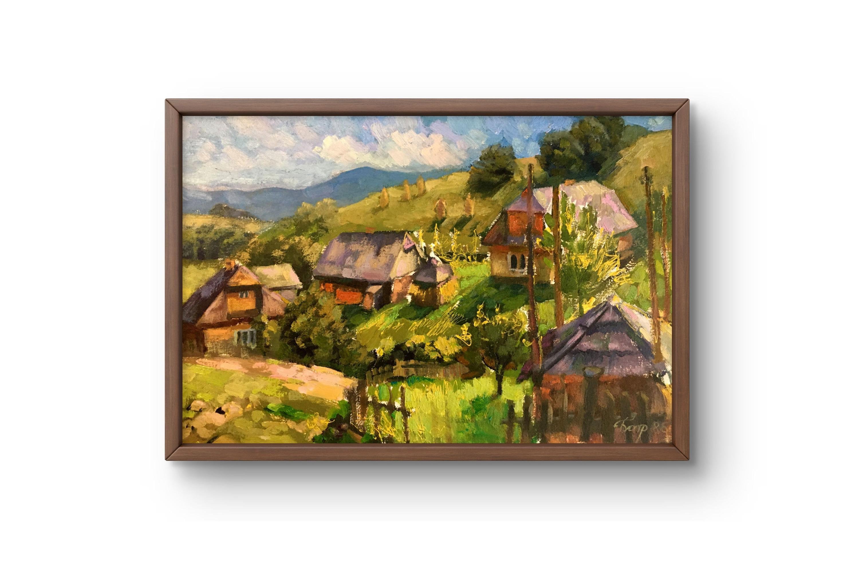 自作の油絵 油絵風景画オリジナル、段ボールに描いた絵、山の風景画、手作りアート