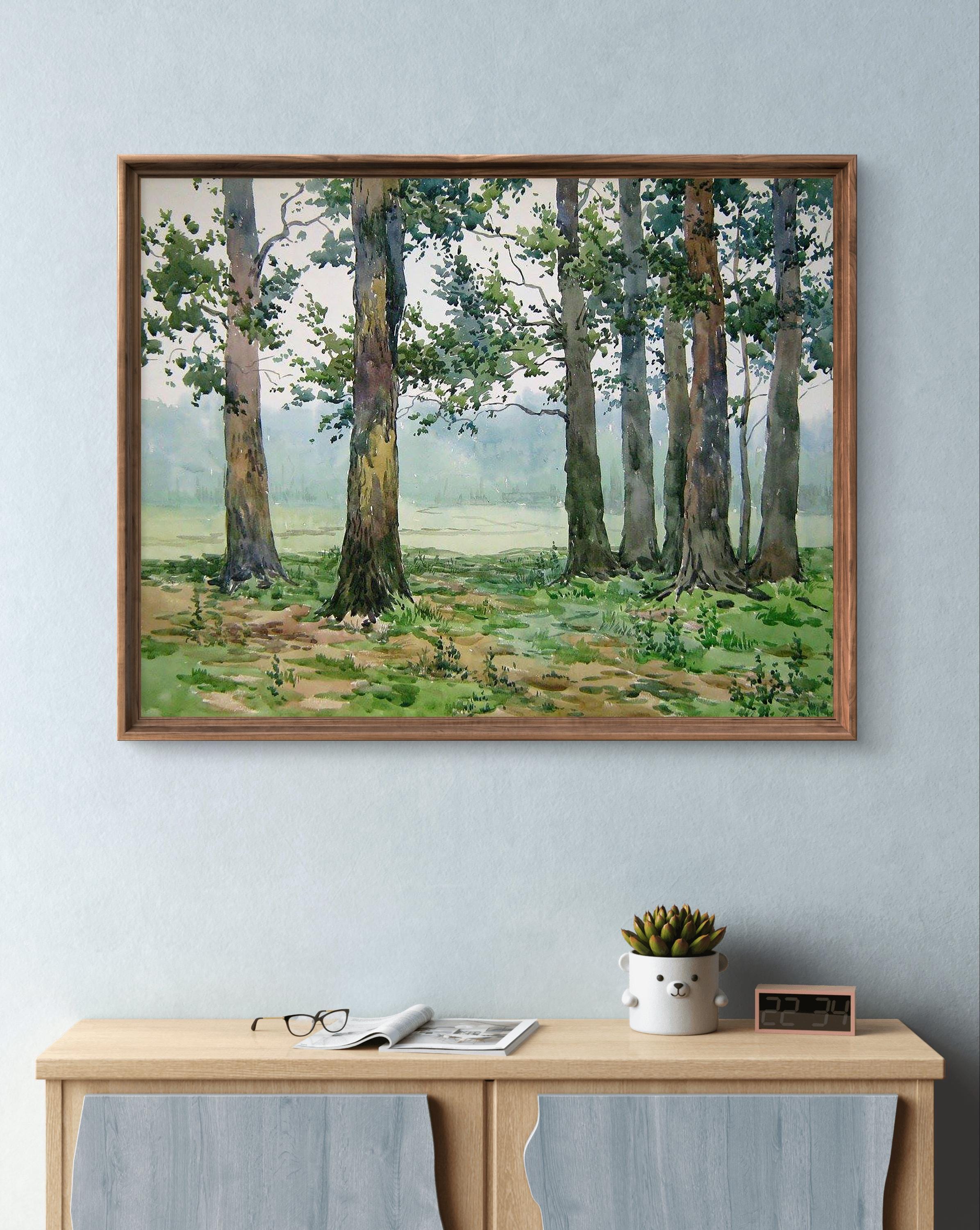 風景 水彩画 木製フレーム付き 水彩風景画オリジナル、紙に描いた水彩画、静かな森の高い木々、手作り