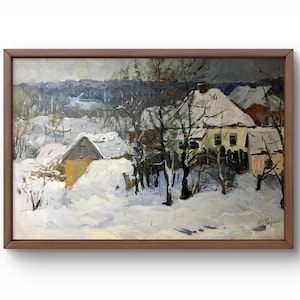 Pintura a óleo paisagem original, pintura em papelão, paisagem de inverno, arte artesanal, natureza, sem moldura, paisagem de vila, arte de parede