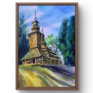 Dipinto ad acquerello paesaggio originale, dipinto su carta, paesaggio di chiesa, arte fatta a mano, natura, senza cornice, paesaggio religioso, arte murale