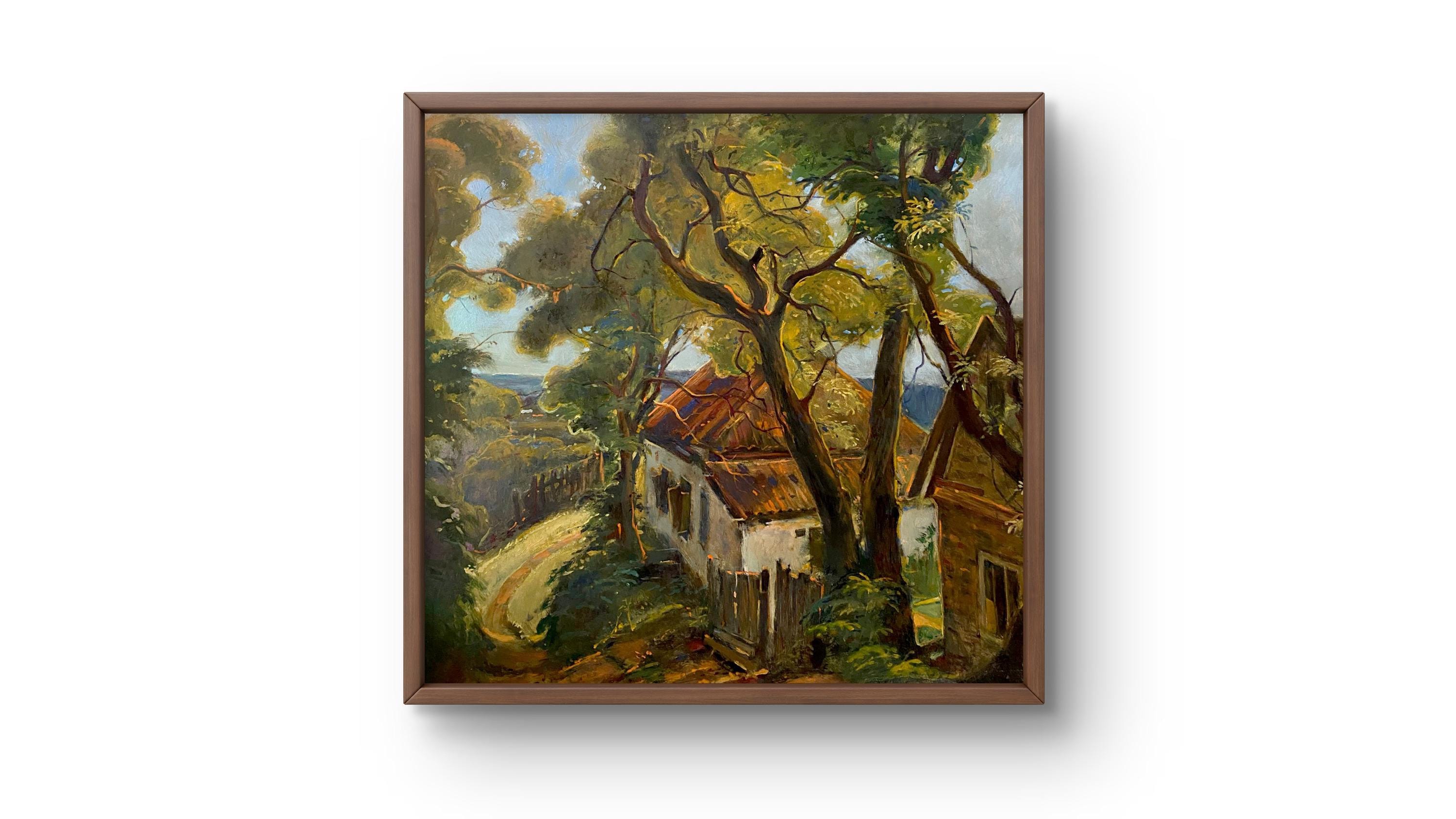 油絵風景画オリジナル、油絵、日陰の古い家のある田舎の風景、手作り