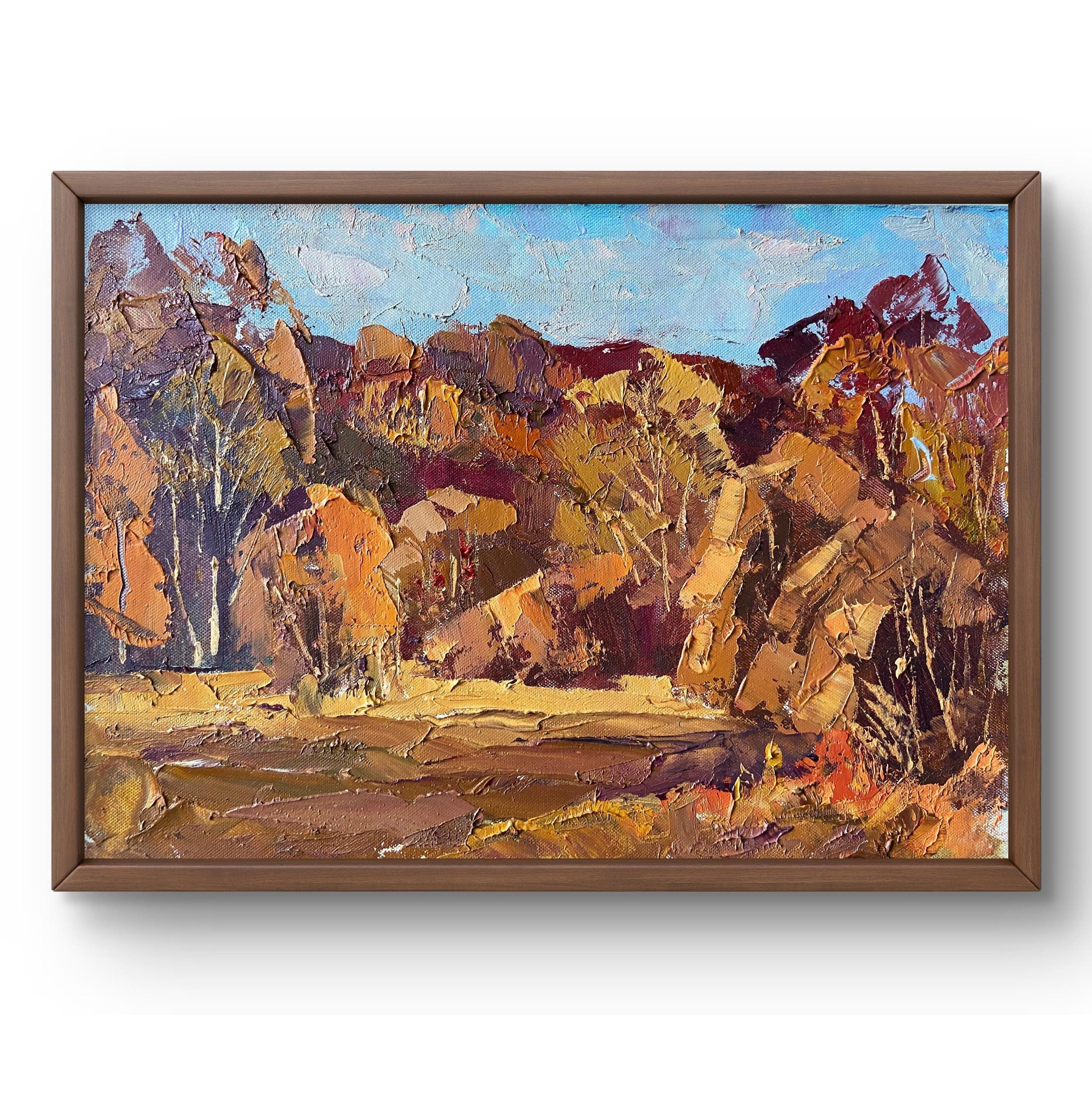 油絵風景画オリジナル、段ボールの油絵、オレンジ色の明るい土っぽい