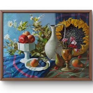 Oil painting still life original oil painting harmonious arrangement of fruits, flowers and a large sunflower handmade art unframed