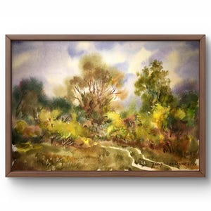 Pintura de acuarela paisaje original, pintura sobre cartón, paisaje forestal, arte hecho a mano, naturaleza, sin marco, paisaje de árboles, arte de pared