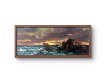 Oil painting landscape original, painting on cardboard, sea landscape, handmade art, nature, unframed storm landscape, wall art, wall decor