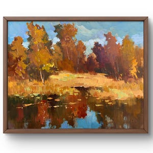 Pintura al óleo paisaje original, pintura al óleo sobre cartón, bosque otoñal con follaje brillante, río cerca del bosque, arte hecho a mano