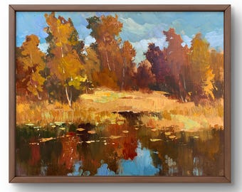 Oil painting landscape original, oil painting on cardboard, autumn forest with bright foliage, river near the forest, handmade art