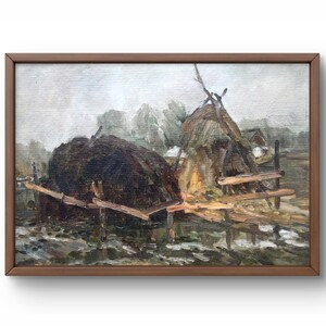 Pintura al óleo original de paisaje, pintura al óleo sobre cartón, pajar de pueblo, día de niebla, paisaje rural, arte hecho a mano, enmarcado, arte de pared