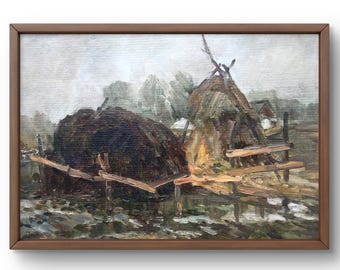 Original Oil Painting: Village Haystacks, Framed Rural Landscape