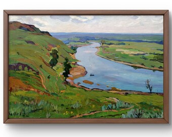 Pintura al óleo de paisaje original, pintura sobre lienzo, paisaje de río, arte hecho a mano, naturaleza, sin marco, paisaje de colina, arte de pared