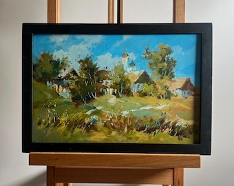 Oil painting landscape original, painting on cardboard, landscape, handmade art, nature, unframed, village, rural street, summer, wall art