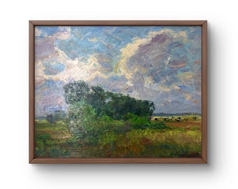 Oil painting landscape original, oil painting, dynamic clouds over a lush green field with trees, handmade art, unframed, wall art