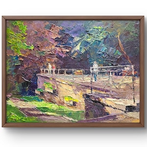 Pintura al óleo paisaje original, pintura al óleo sobre cartón, vista texturizada de un puente peatonal, arte hecho a mano, sin marco, arte de pared