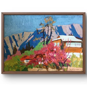 Dipinto a guazzo paesaggio originale, dipinto su carta, paesaggio di montagna, arte fatta a mano, natura, senza cornice, paesaggio di villaggio, arte murale