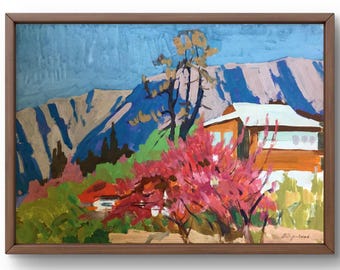 Gouache painting landscape original, painting on paper, mountains landscape, handmade art, nature, unframed, village landscape, wall art