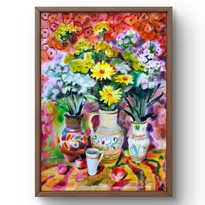 Dipinto ad acquerello natura morta originale, dipinto ad acquerello su carta, fiori gialli brillanti in vasi, arte fatta a mano, senza cornice, arte murale