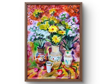花の絵画、花の水彩画、花瓶の絵画、花の抽象画、オリジナル絵画