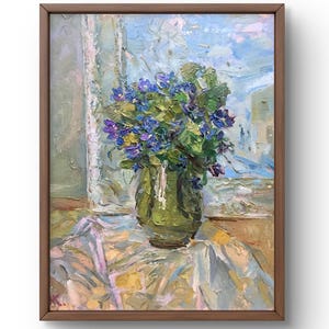 Pintura a óleo natureza morta original, pintura a óleo sobre papelão, natureza morta com flores roxas em um vaso verde, arte feita à mão, sem moldura