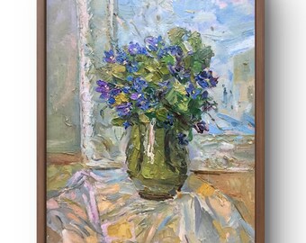Oil painting still life original, oil painting on cardboard, still life with purple flowers in a green vase, handmade art, unframed
