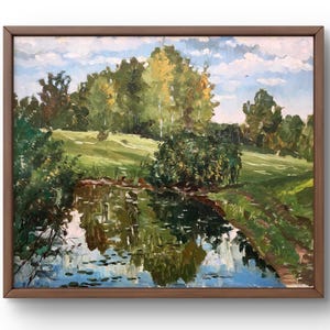 Pintura a óleo paisagem original, pintura a óleo sobre papelão, paisagem de verão com lagoa, grama verde e árvores, arte feita à mão, sem moldura