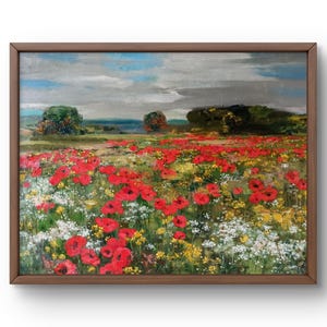 Oil painting landscape original, oil painting, bright field of red poppies on a lush green background, handmade art, unframed, wall art