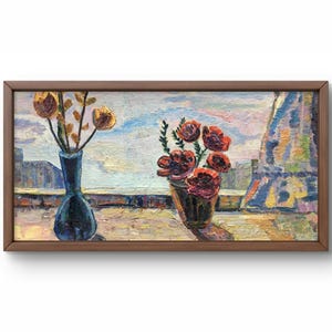 Pintura a óleo natureza morta original, pintura a óleo sobre papelão, dois vasos com flores, botões delicados, rosas vermelhas, arte feita à mão, sem moldura